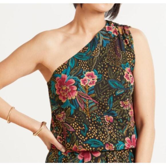 New Evereve XSmall XS Azalea One Shoulder Top Black Green Multi Floral Print - Picture 9 of 9